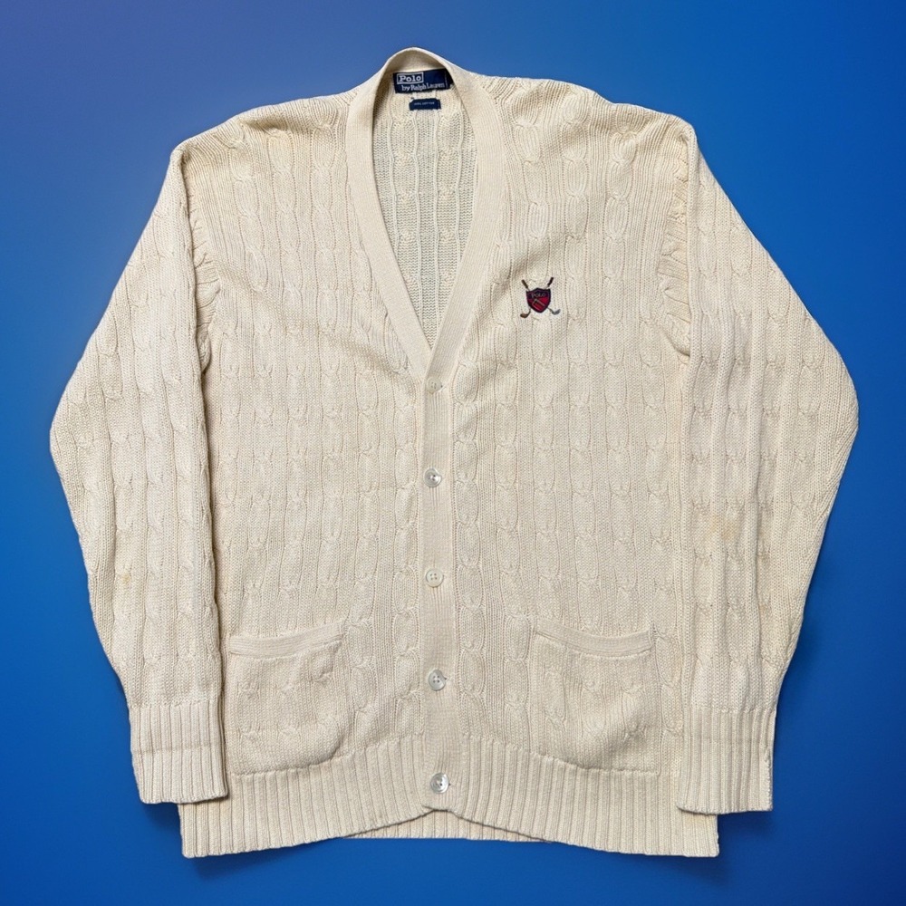VTG 90s Polo Ralph Lauren Mens Large Cable Knit Cardigan‎ V Neck Sweater Beige